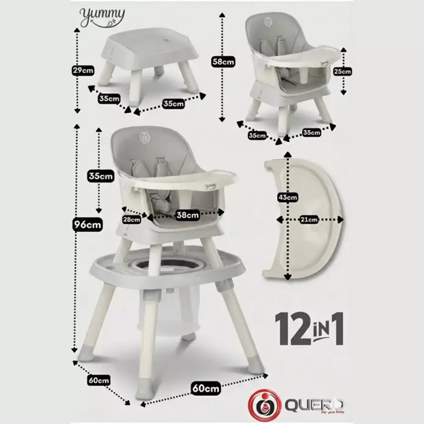Quero Yummy 12in1 Mama Sandalyesi 12 Özellikli Çalışma ve Oyun Masalı Çok Fonksiyonlu Portatif Mama Sandalyesi Gri - 4