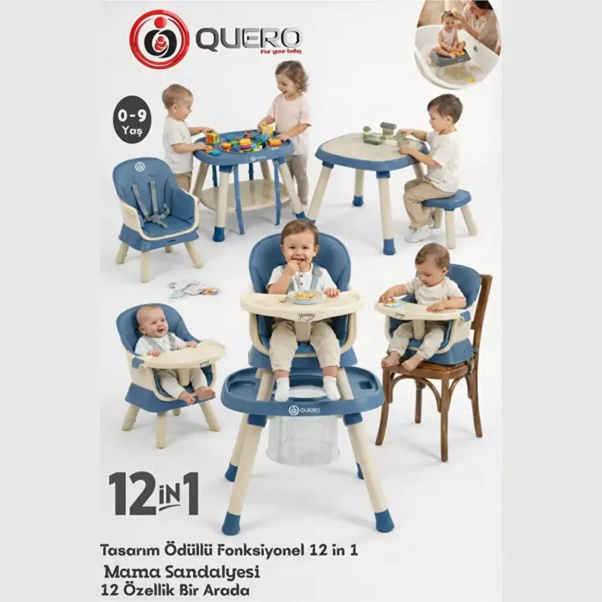 Quero Yummy 12in1 Mama Sandalyesi 12 Özellikli Çalışma ve Oyun Masalı Çok Fonksiyonlu Portatif Mama Sandalyesi Mavi - 5