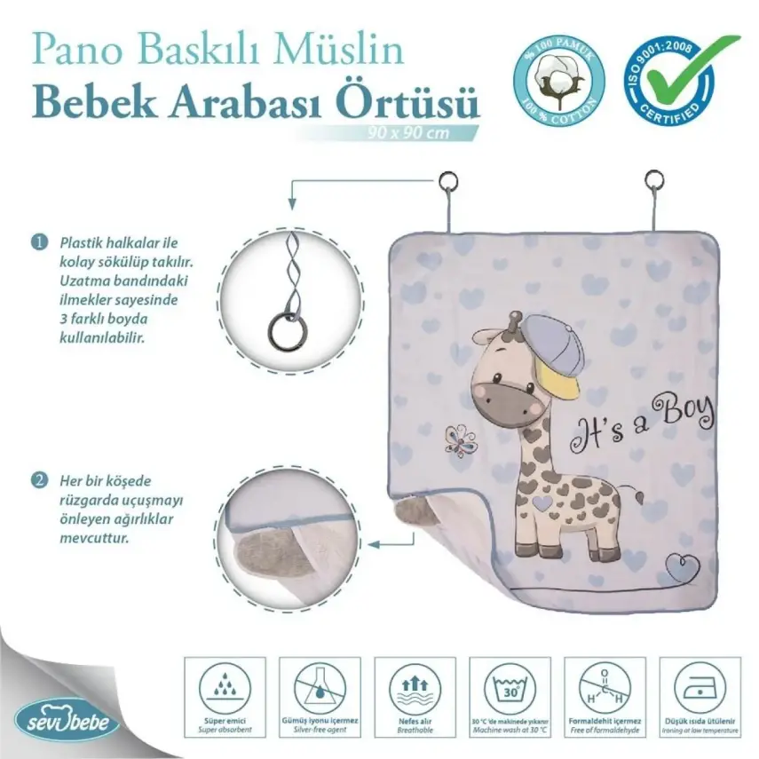 Sevi Bebe Müslin Bebek Arabası Örtüsü Pano Baskılı Zürafa - 3