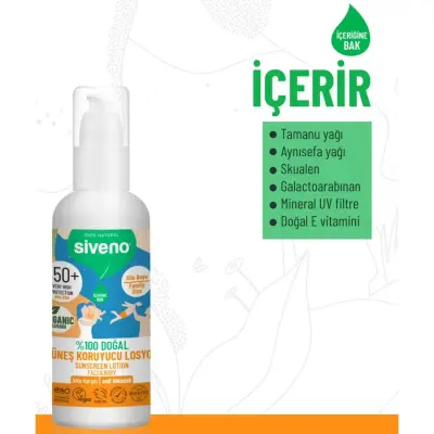 Siveno %100 Doğal Tüm Aile İçin Güneş Losyonu 50 SPF 100ml - 10