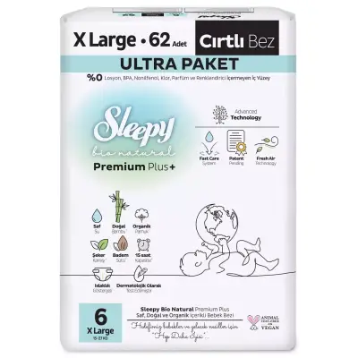 Sleepy Bebek Bezi Bio Natural 6 Numara XL 62 Adet Ultra Paket 