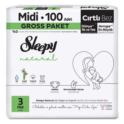 Sleepy Bebek Bezi Natural 3 Numara Midi 100lü Gross Paket 