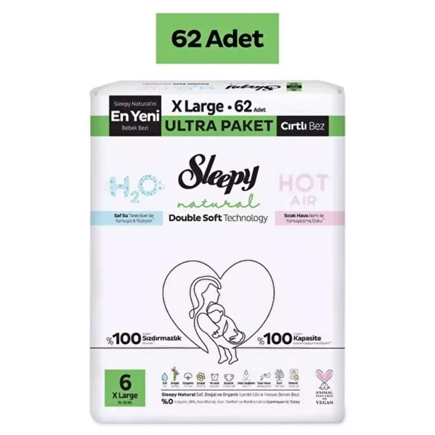SLEEPY Bebek Bezi NATURAL DOUBLE SOFT XL 62li ULTRA Paket - 1