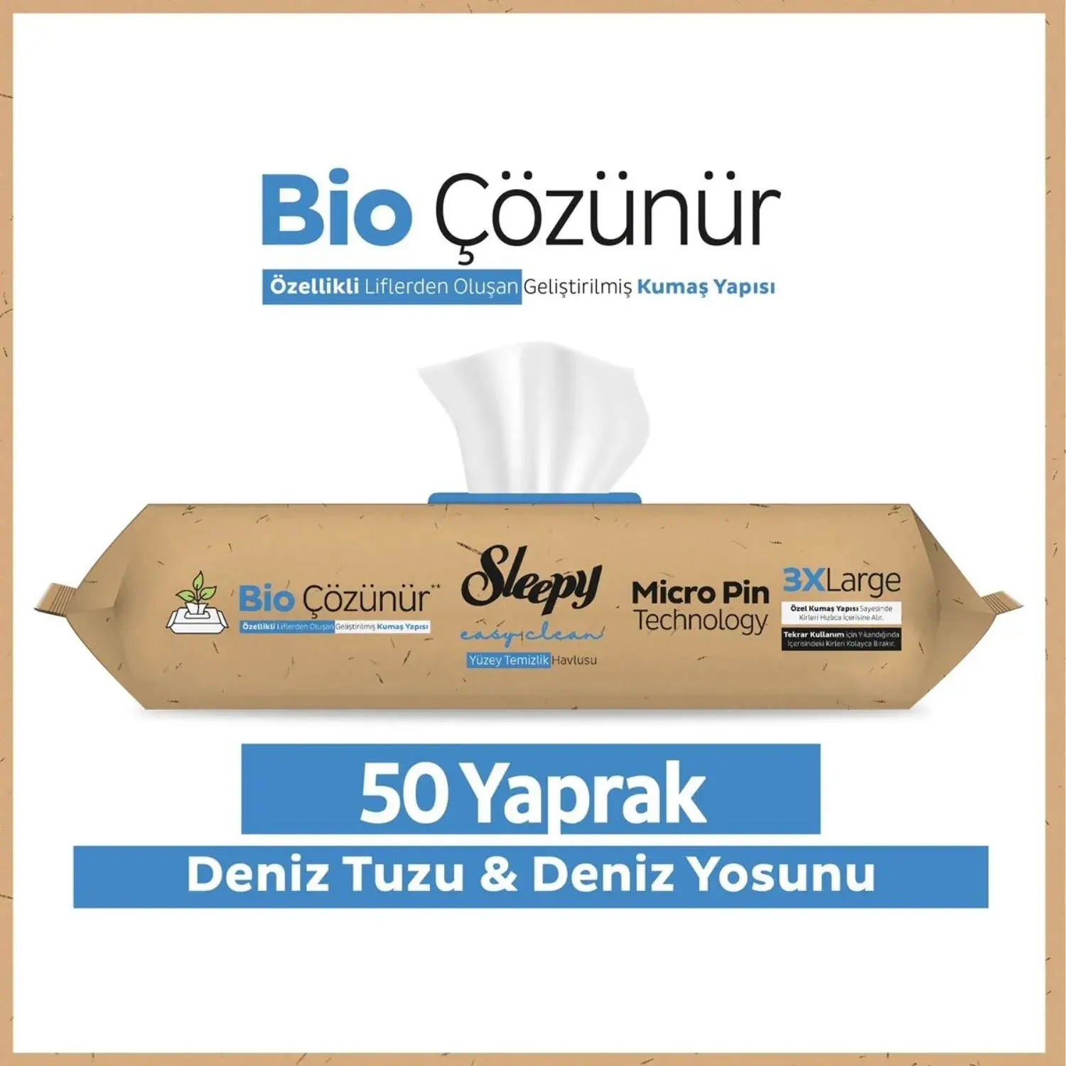 Sleepy Bio Çözünür Yüzey Temizlik Havlusu Deniz Tuzu Ve Deniz Yosunu 50li