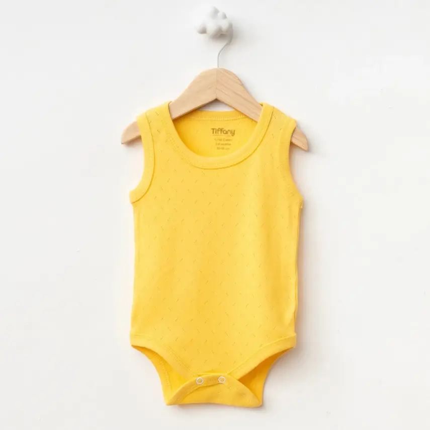 Tiffany Unisex Pamuklu Atlet Body Bisiklet Yaka Jakarlı Basic Tema Sarı - 1