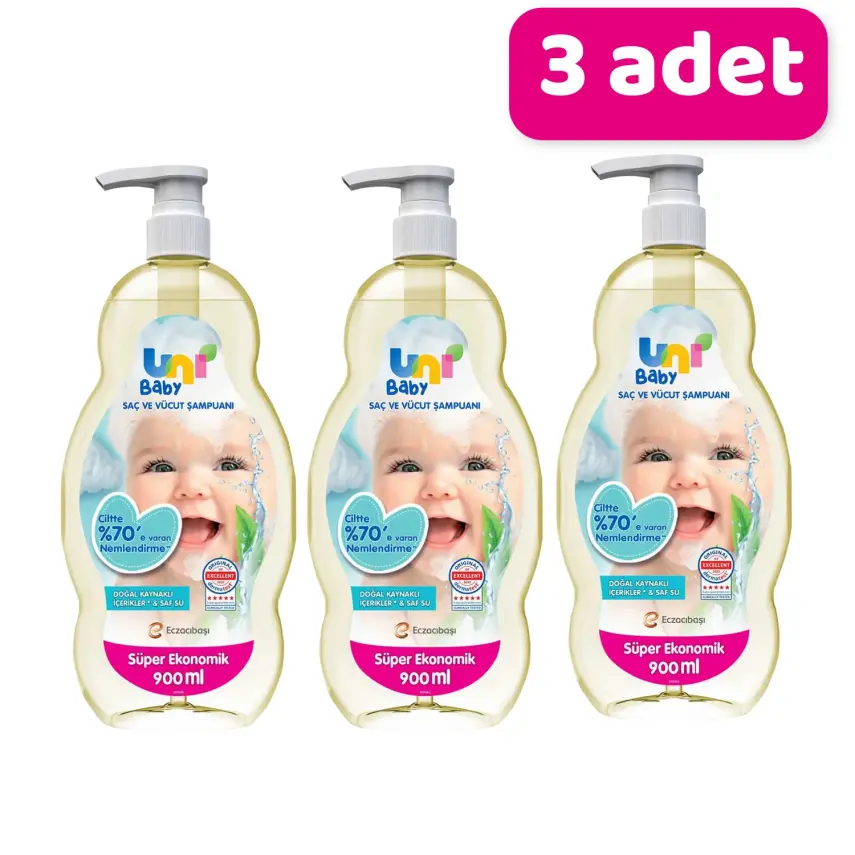 Uni Baby Şeffaf Bebek Şampuanı 900 ml x 3 Adet - 1