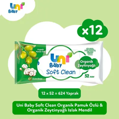 Uni Baby Soft Clean Organik Pamuk Özlü ve Organik Zeytinyağlı 12x52li (1)