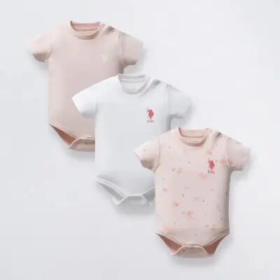 U.s. Polo 3Lü Kısa Kollu Kız Bebek Body Pudra - Beyaz