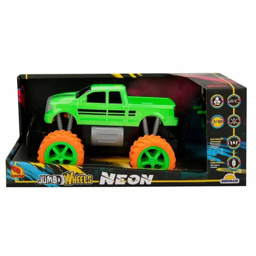 Uzaktan Kumandalı Neon Jumbo Wheels USB Şarjlı Araba 26 cm 1:18 - 6