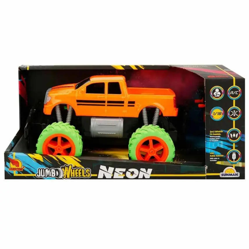 Uzaktan Kumandalı Neon Jumbo Wheels USB Şarjlı Araba 26 cm 1:18 - 20