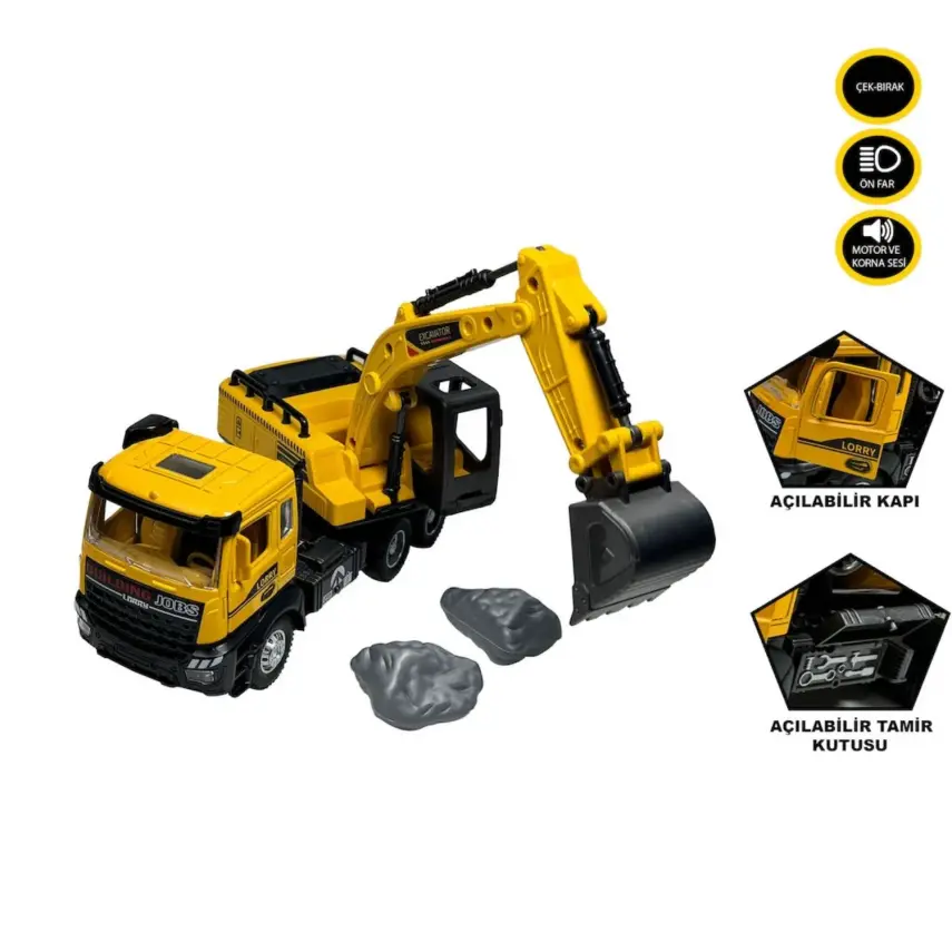 Vardem Çek Bırak Işıklı ve Sesli Kamyon Ekskavatör - Beton Mikseri 1:28 - 2