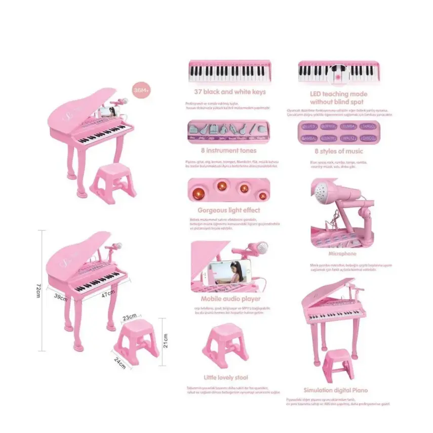 Vardem Mikrofonlu Mp3 Çalar Büyük Pembe Piyano 37 Tuşlu - 2