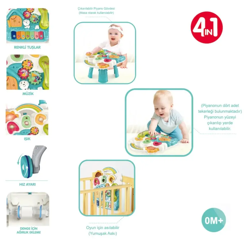 Vardem Piyanolu 4in1 Turkuaz Bebek Yürüteci Turkuaz - 4