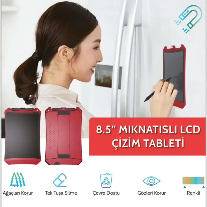 Wicue LCD Dijital Mıknatıslı Renkli Çizim Tableti 8,5" Kırmızı - 2