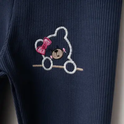 Winimo Ayıcık Nakışlı Fitilli Kız Çocuk Tayt Lacivert (1)