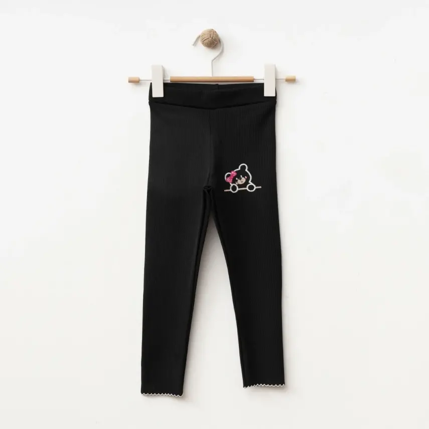 Winimo Ayıcık Nakışlı Fitilli Kız Çocuk Tayt  Siyah - 1