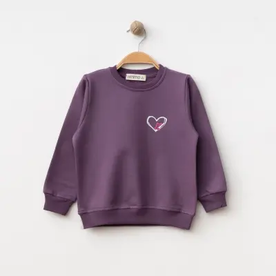 Winimo Kız Çocuk Sweatshirt Kalpli Kedi Baskılı Mor