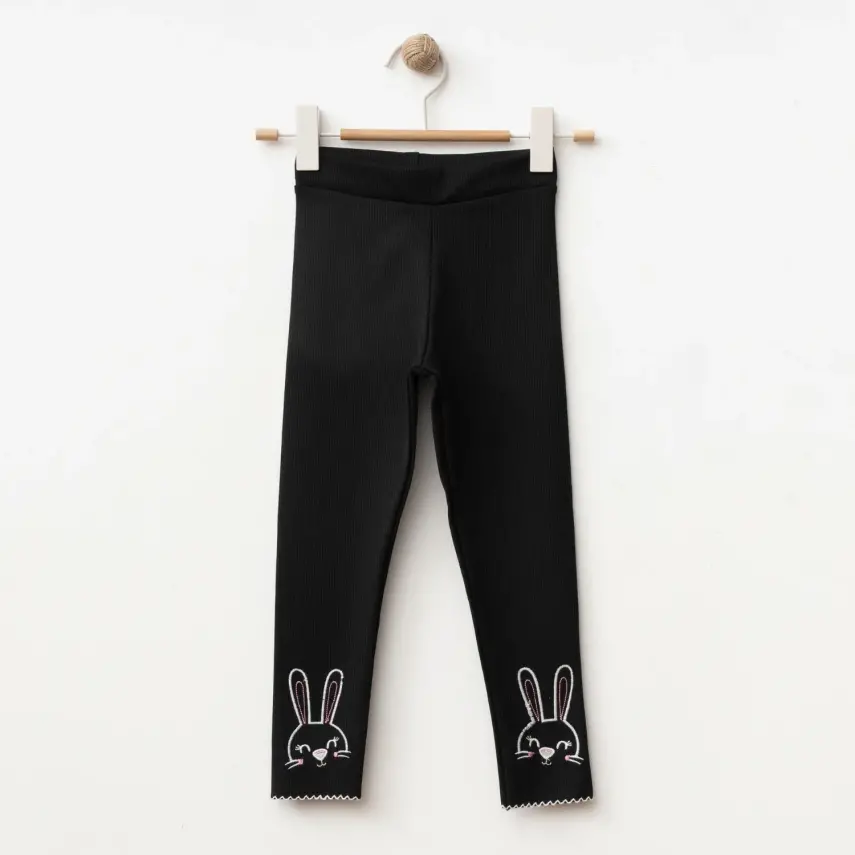 Winimo Tavşan Nakışlı Fitilli Kız Çocuk Tayt Siyah - 1