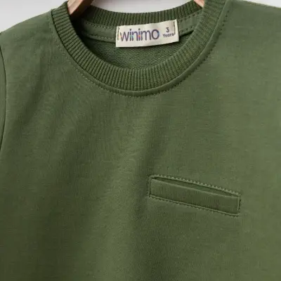 Winimo Unisex Bisiklet Yaka Çocuk Sweatshirt Parçalı Basic Haki - 3