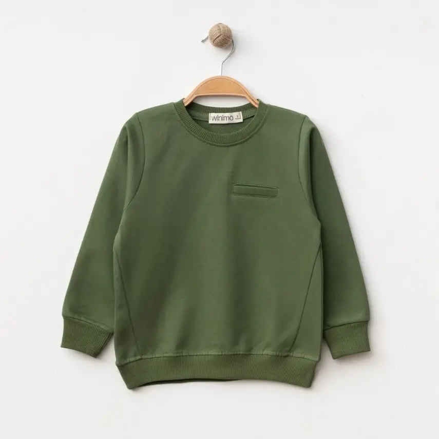 Winimo Unisex Bisiklet Yaka Çocuk Sweatshirt Parçalı Basic Haki - 1