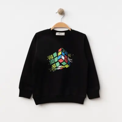 Winimo Unisex Çocuk Sweatshirt Zeka Küpü Baskılı Siyah