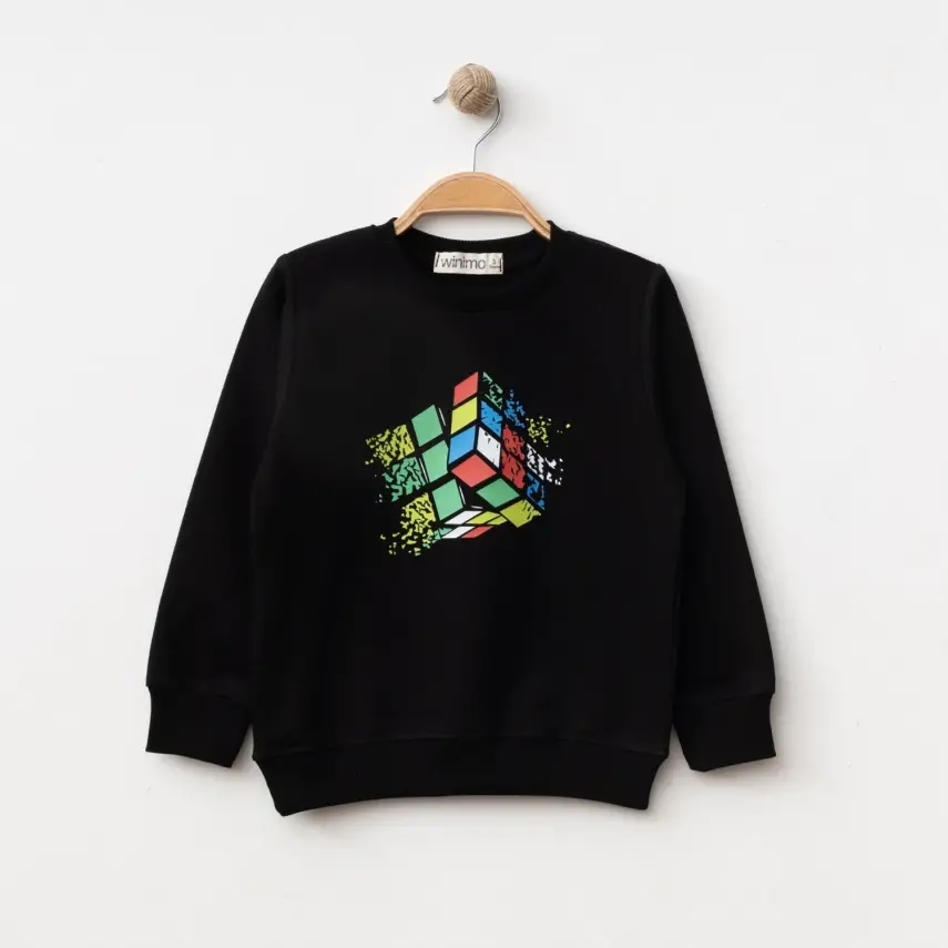 Winimo Unisex Çocuk Sweatshirt Zeka Küpü Baskılı Siyah - 1