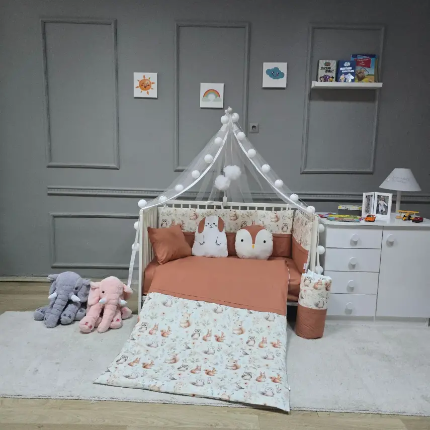 Yuar Baby Yan Duvarlı Beşik Uyku Seti Somon Sincap - 1