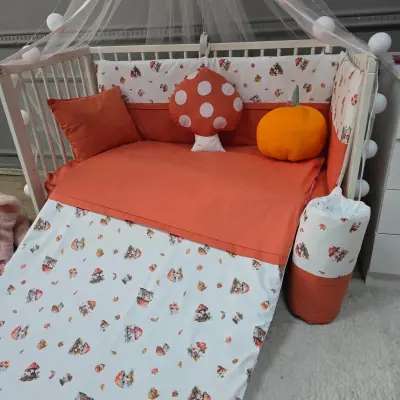 Yuar Baby Yan Duvarlı Beşik Uyku Seti Turuncu Mantar (1)